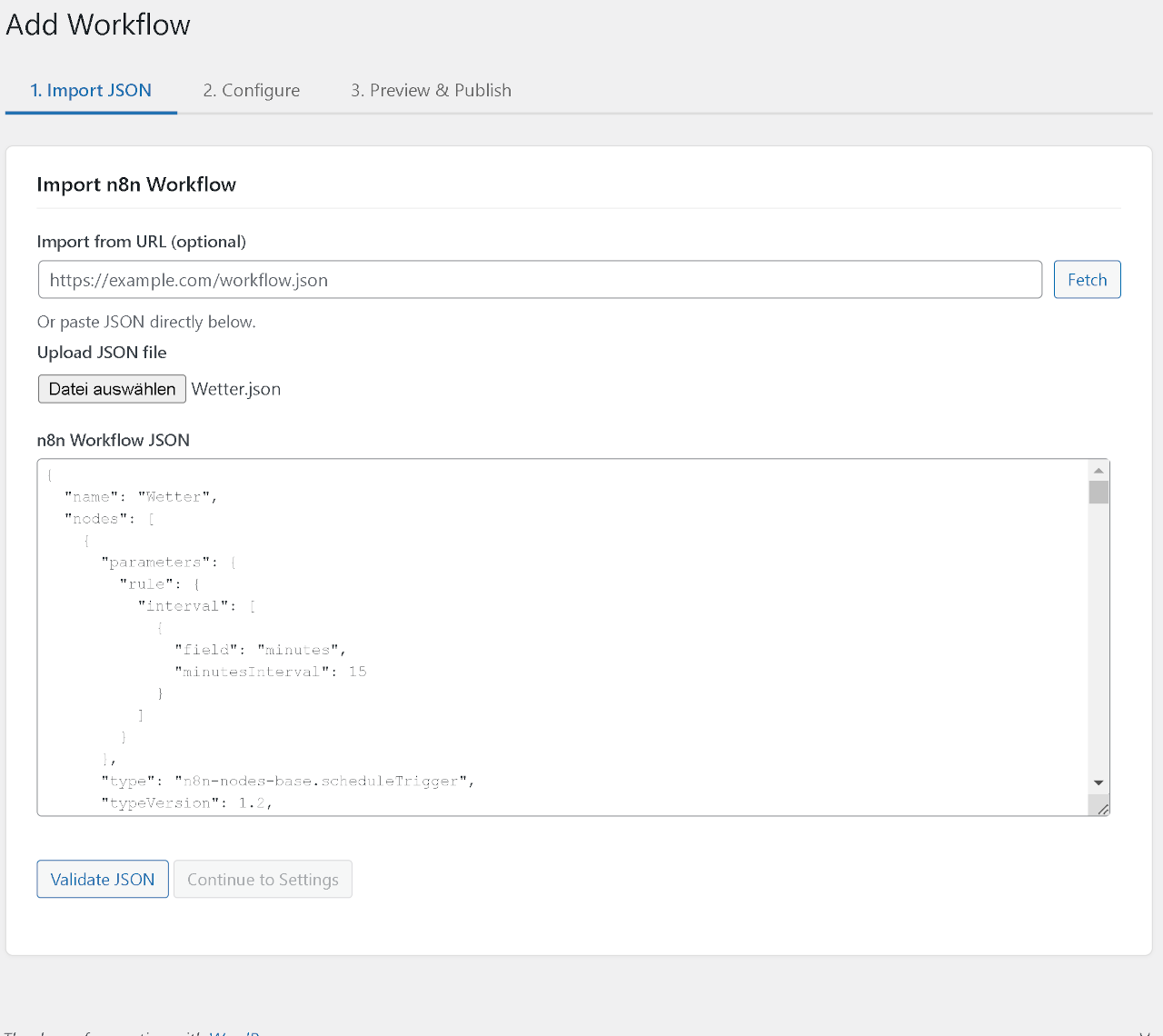BreznFlow admin — Step 1: Import JSON with paste, upload, and URL fetch options